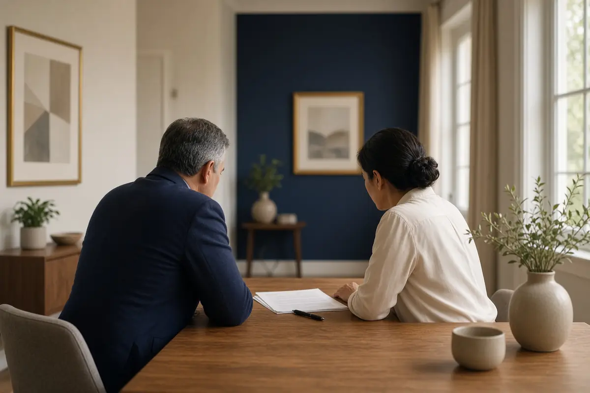 A quiet office table where two people review paperwork in natural light